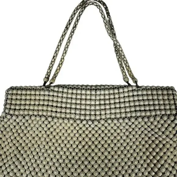 Vintage 40's Whiting & Davis Alumesh Handbag Purse Cream Beaded Evening Bag - Picture 3 of 13